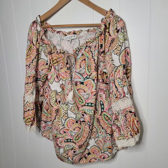 Hale Bob Linen Top Small Paisley Floral Lace Tasseled Tie Neck Boho - Picture 5 of 10